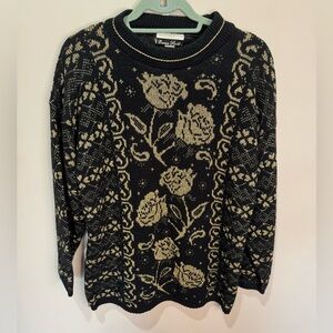 Vintage Dana Scott 1980s Metallic‎ Floral Rose Holiday Party Mock Neck Sweater
